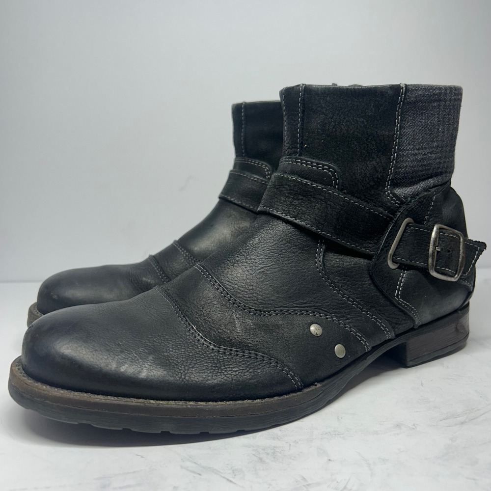 Steve Madden Mens Ankle Boots Black Leather Size 8.5 Buckle Moto Side Zip Rugged